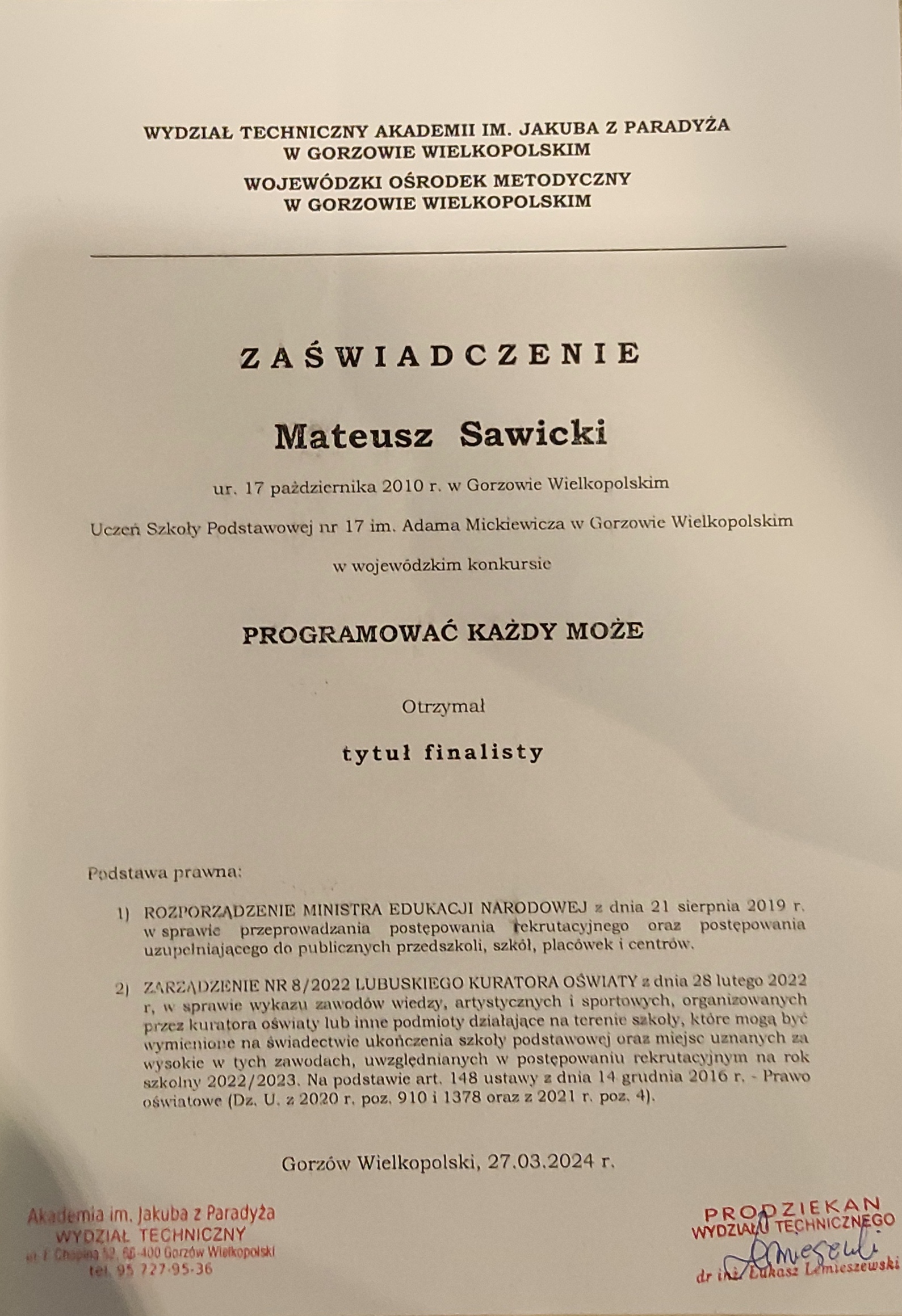 A Document stating that I got to the last part of the contest